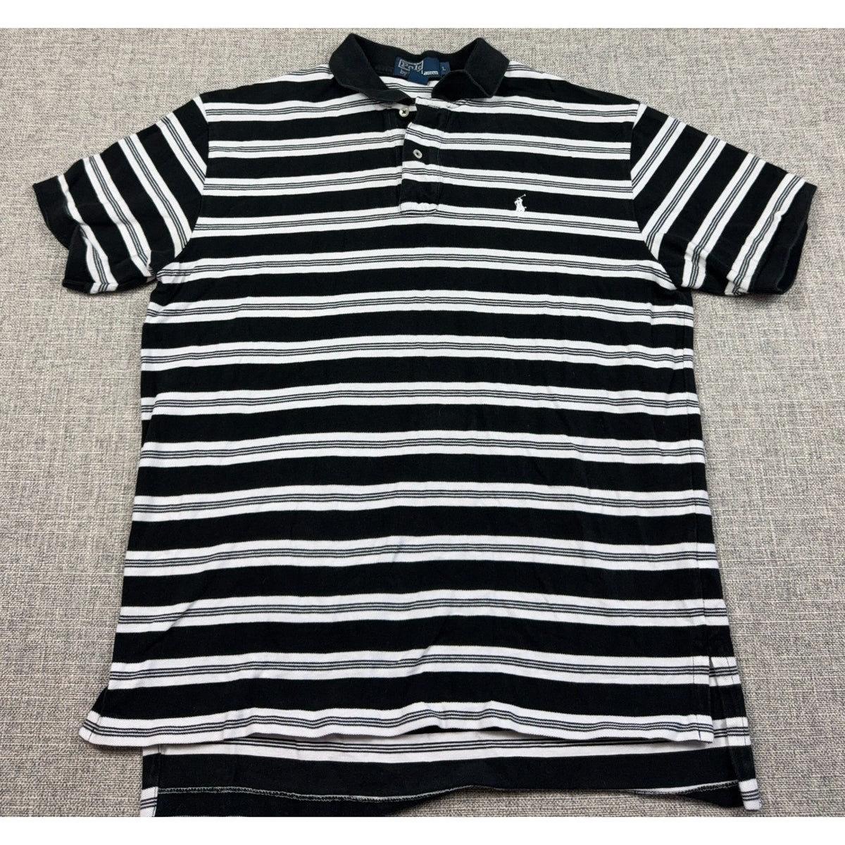 Polo Ralph Lauren Mens Large Polo Shirt Black White Striped Cotton Pony