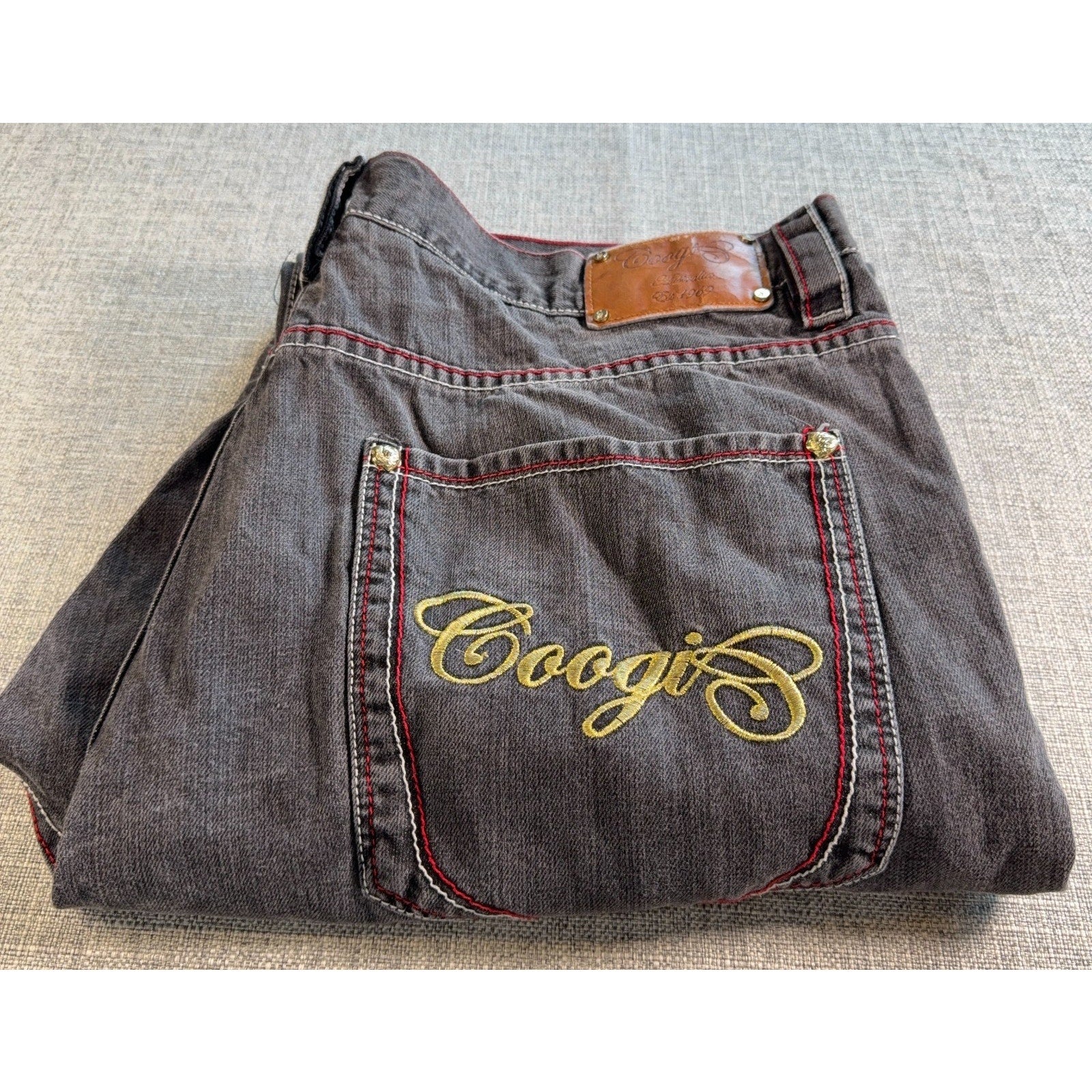 Coogi Australia Jeans Mens 42x35 Gray Baggy Y2K Hip Hop Embroidered Denim