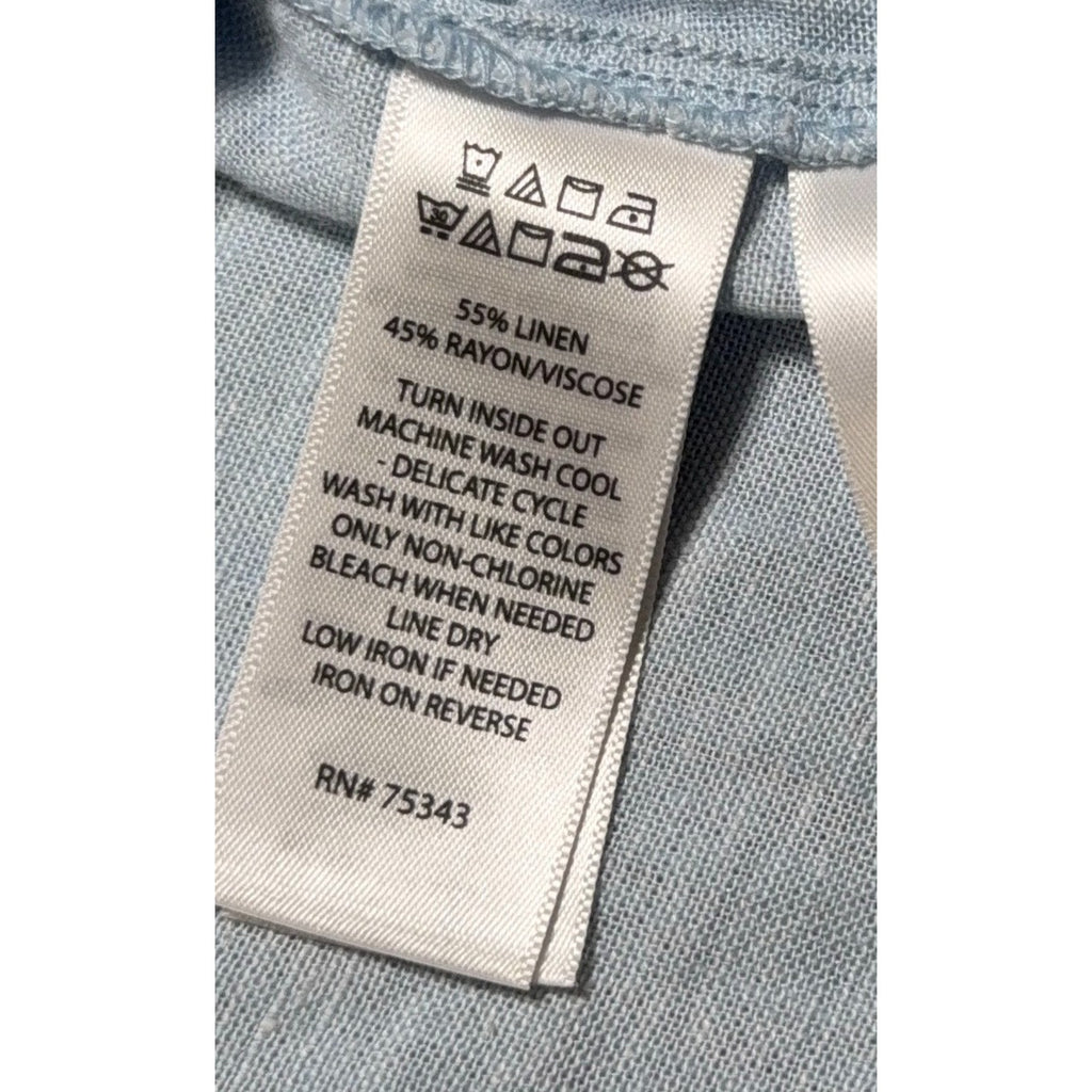 Laura Ashley Linen Blend Blouse Women M Blue Balloon Sleeve Button Front