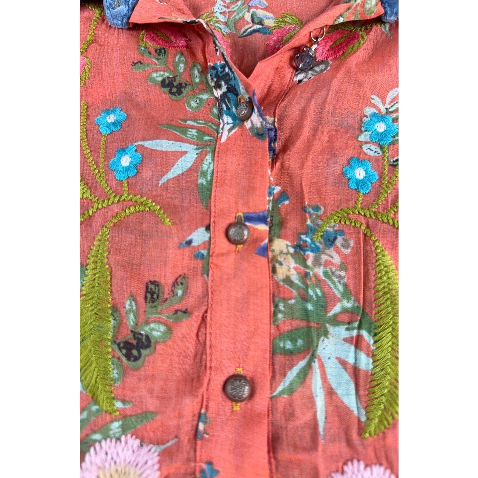 Soft Surroundings M Embroidered Floral Tunic Blouse Velvet Collar Boho Orange