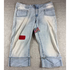 Angels Y2K Light Wash Cuffed Capri Jeans Custom Comic Patch Wide Leg 39 Waist