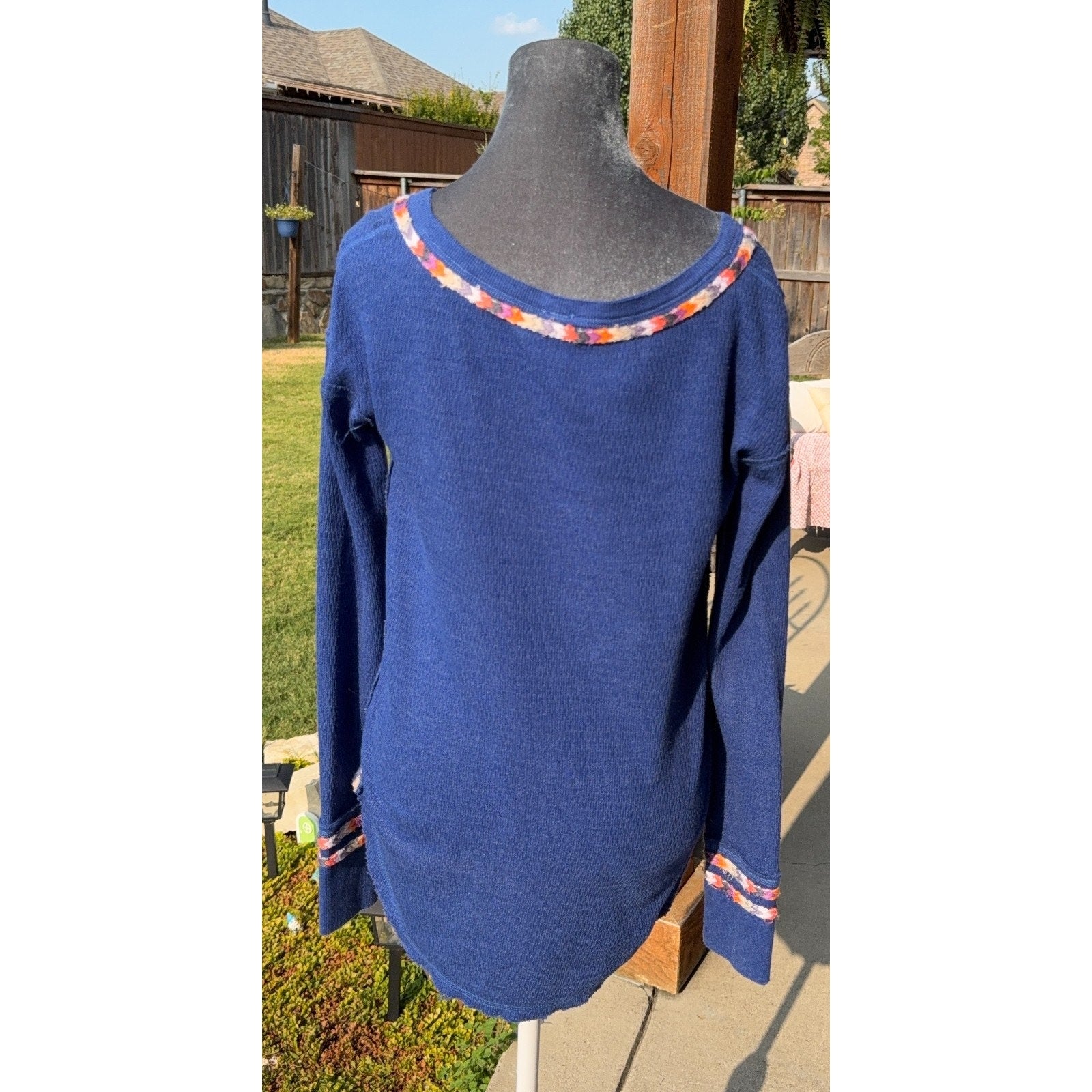 We The Free Free People Thermal Henley Top Small Blue Braided Trim Boho