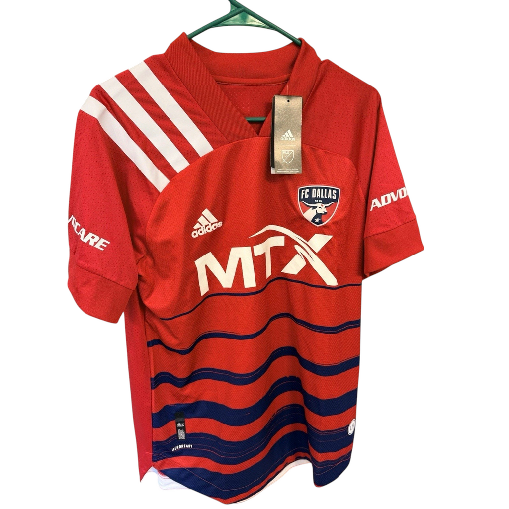 Second Half Supply Co, LLC FC Dallas 2020-2021 red and navy Adidas soccer jersey with MTX sponsor and wave graphic