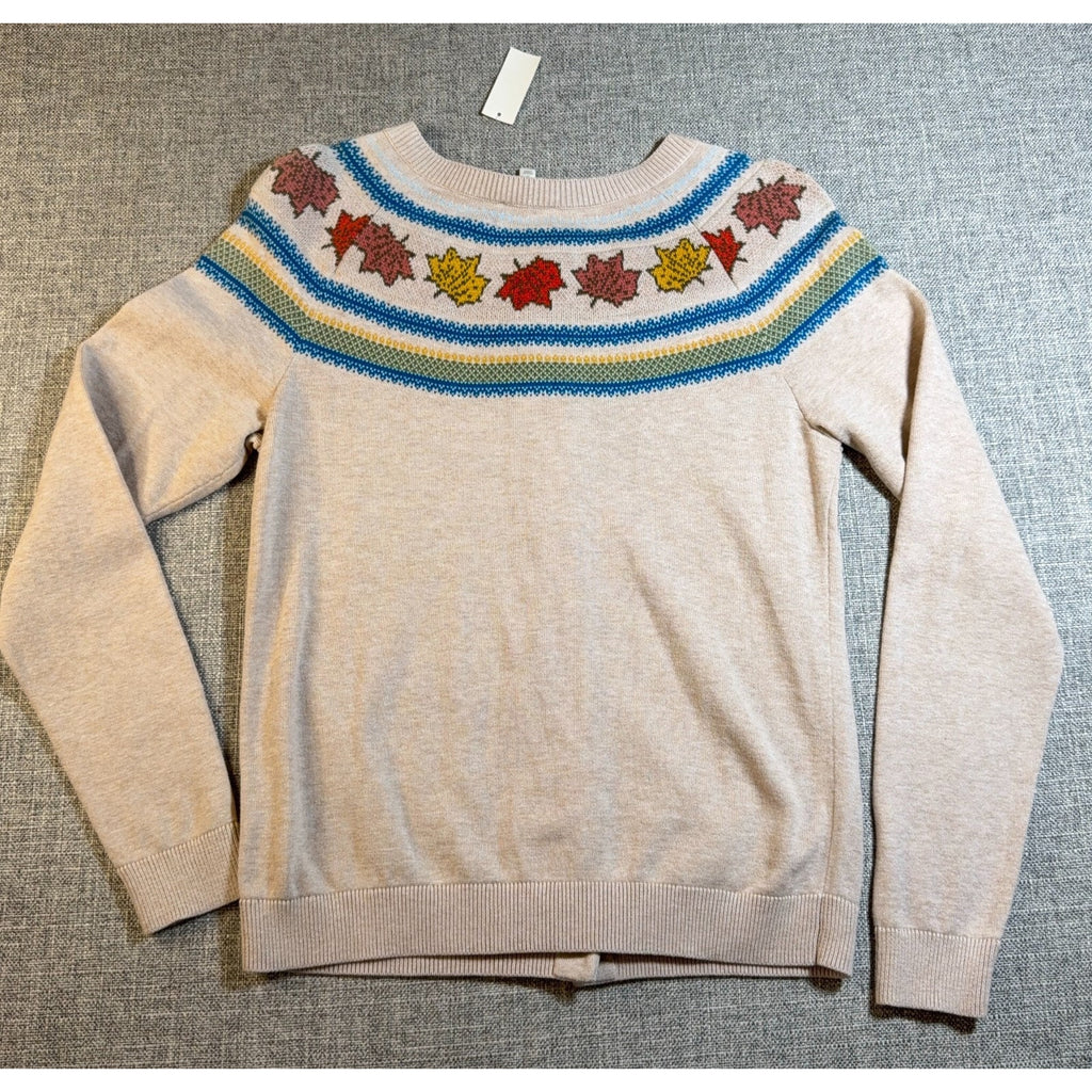 NWT Talbots Cardigan Sweater Womens S Maple Leaf Fair Isle Beige Fall