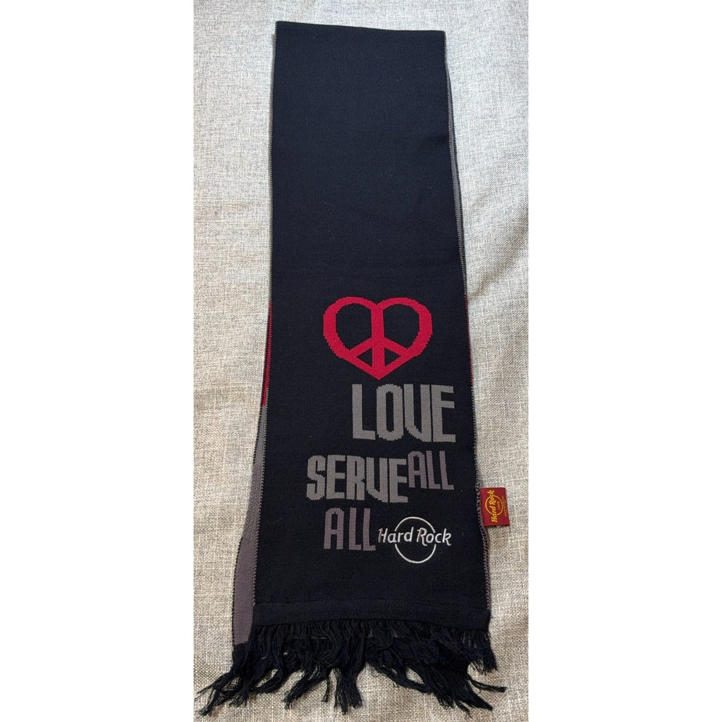Hard Rock Cafe Love Serve All Scarf NWT Black Gray Red Peace Heart Fringe