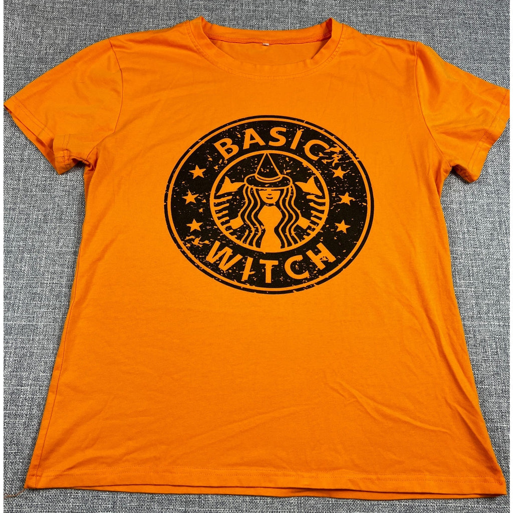 Basic Witch Halloween T Shirt Women's L Orange Coffee Parody Graphic Tee
