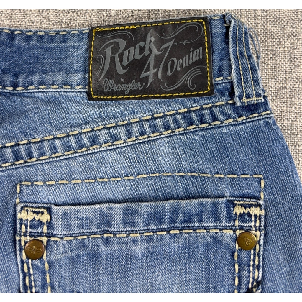 Rock 47 Wrangler Jeans Mens 30x34 Bootcut Y2K Western Thick Stitch Distressed