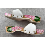 Vintage Style Hand Painted Floral Wooden Clogs White Leather Hydrangea Sandals