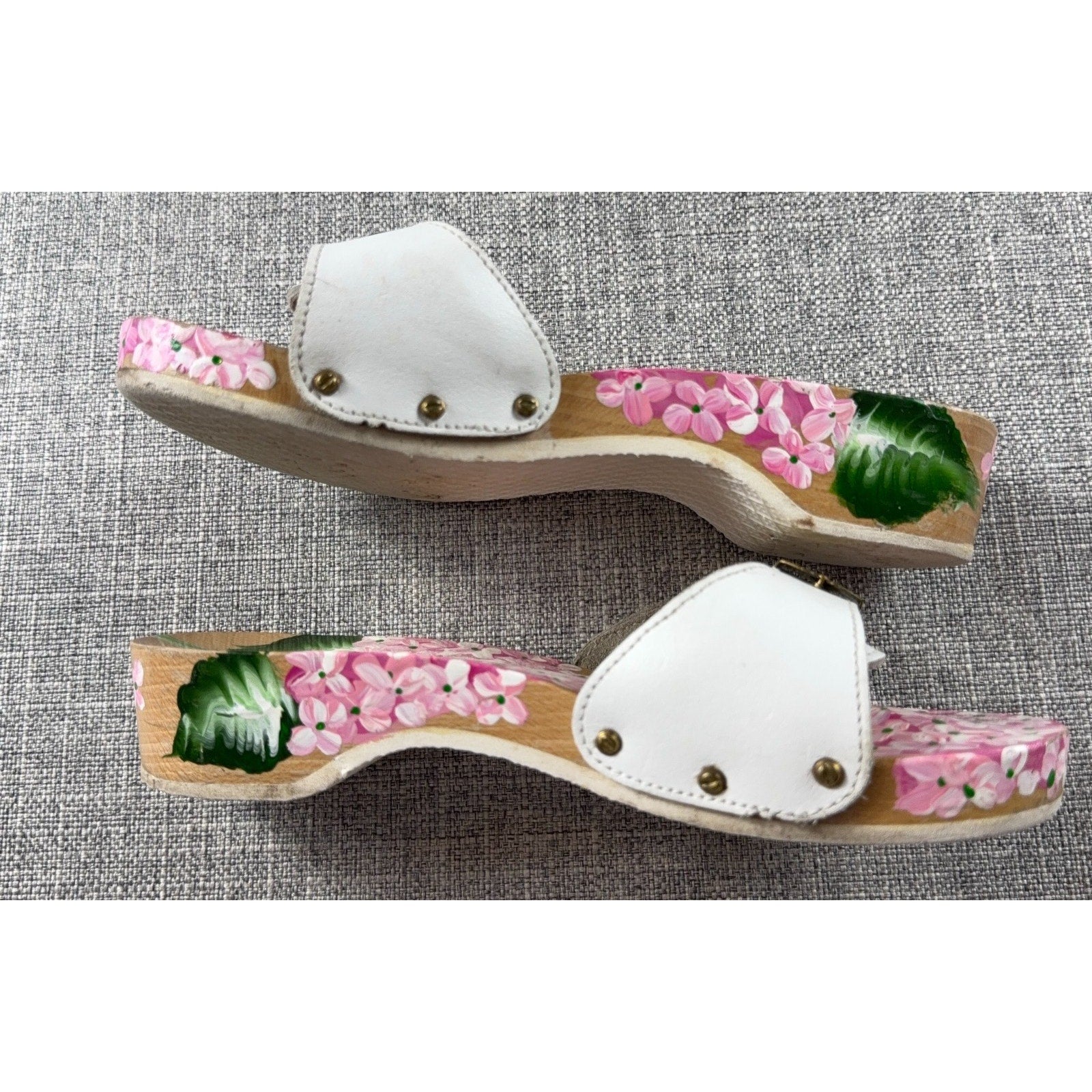 Vintage Style Hand Painted Floral Wooden Clogs White Leather Hydrangea Sandals