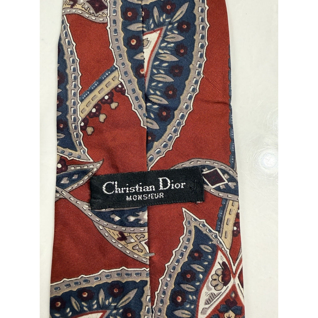 Vintage Christian Dior Monsieur All Silk Red Blue Paisley Italy USA Designer Tie