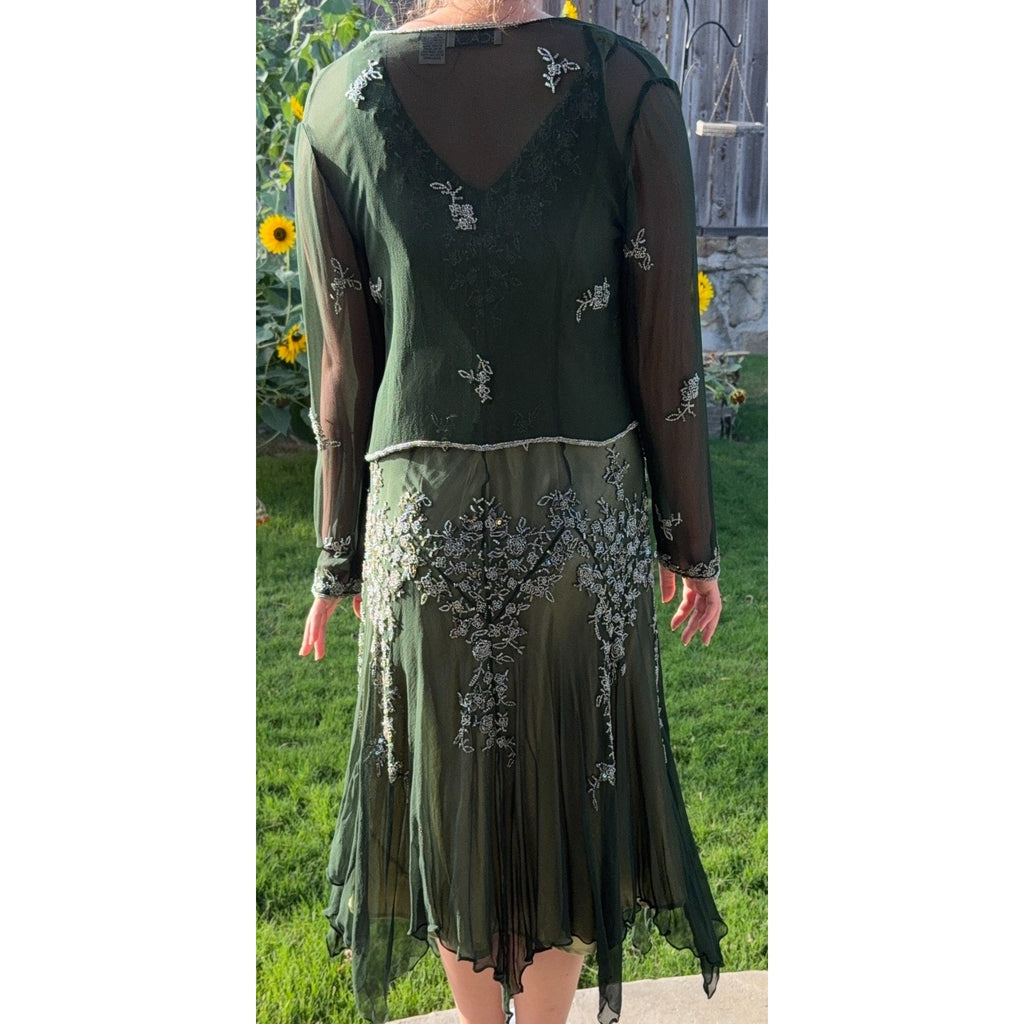 Scala 100% Silk Beaded Dress Jacket Set Womens L Green Formal Evening