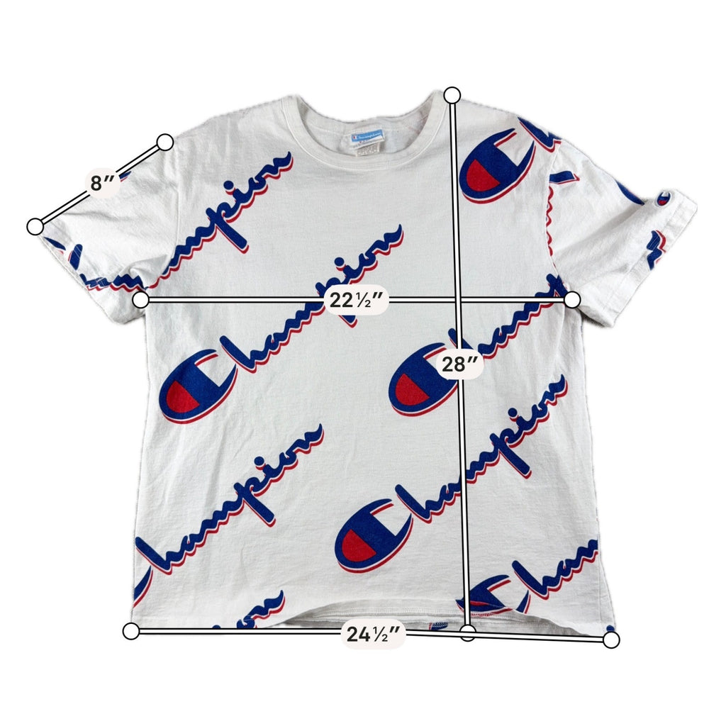 Champion All Over Logo T Shirt Mens XL White Red Blue Script Streetwear Tee
