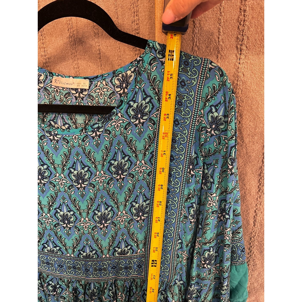 Blue Boho Tunic Peasant Top Blouse R. Vivimos Womens XL 16/18 Floral Paisley