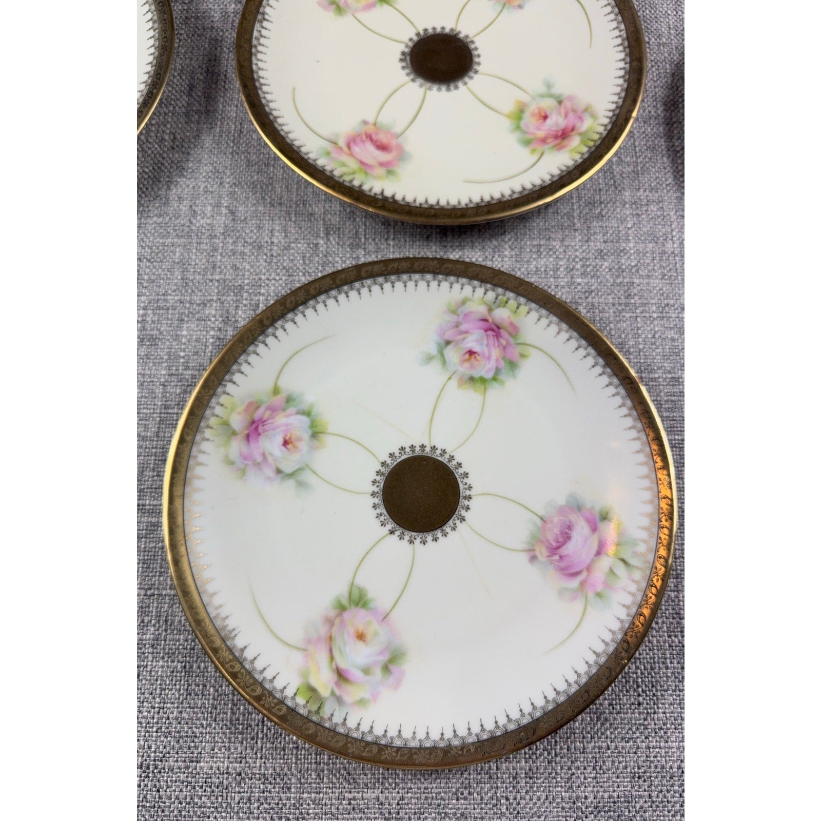 Antique PM Moschendorf Bavaria Hand Painted Rose Plates Set 6 Gold Rim 1895-1910