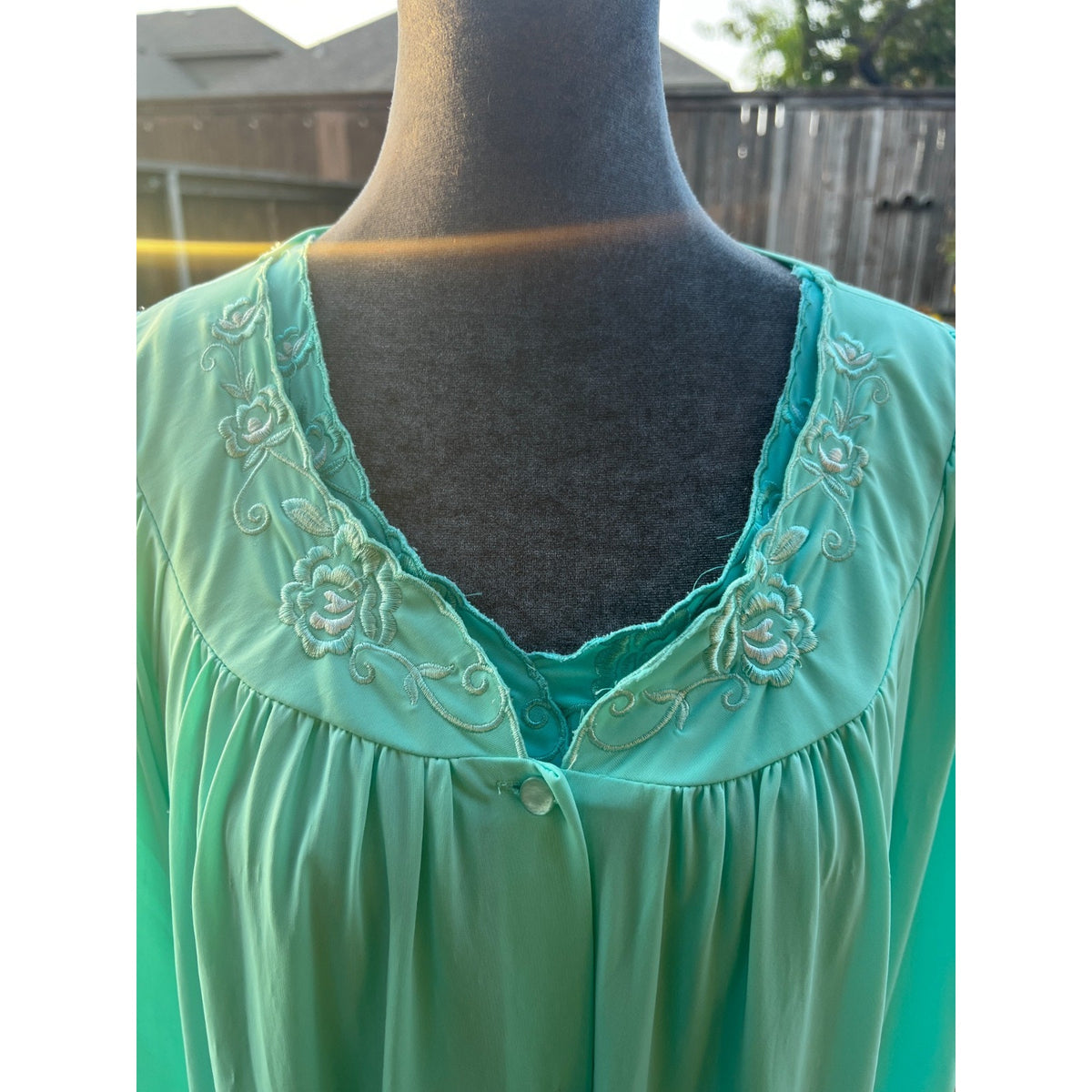 Vintage 60s 70s Aqua Peignoir Set Nightgown Robe Embroidered Floral Lingerie