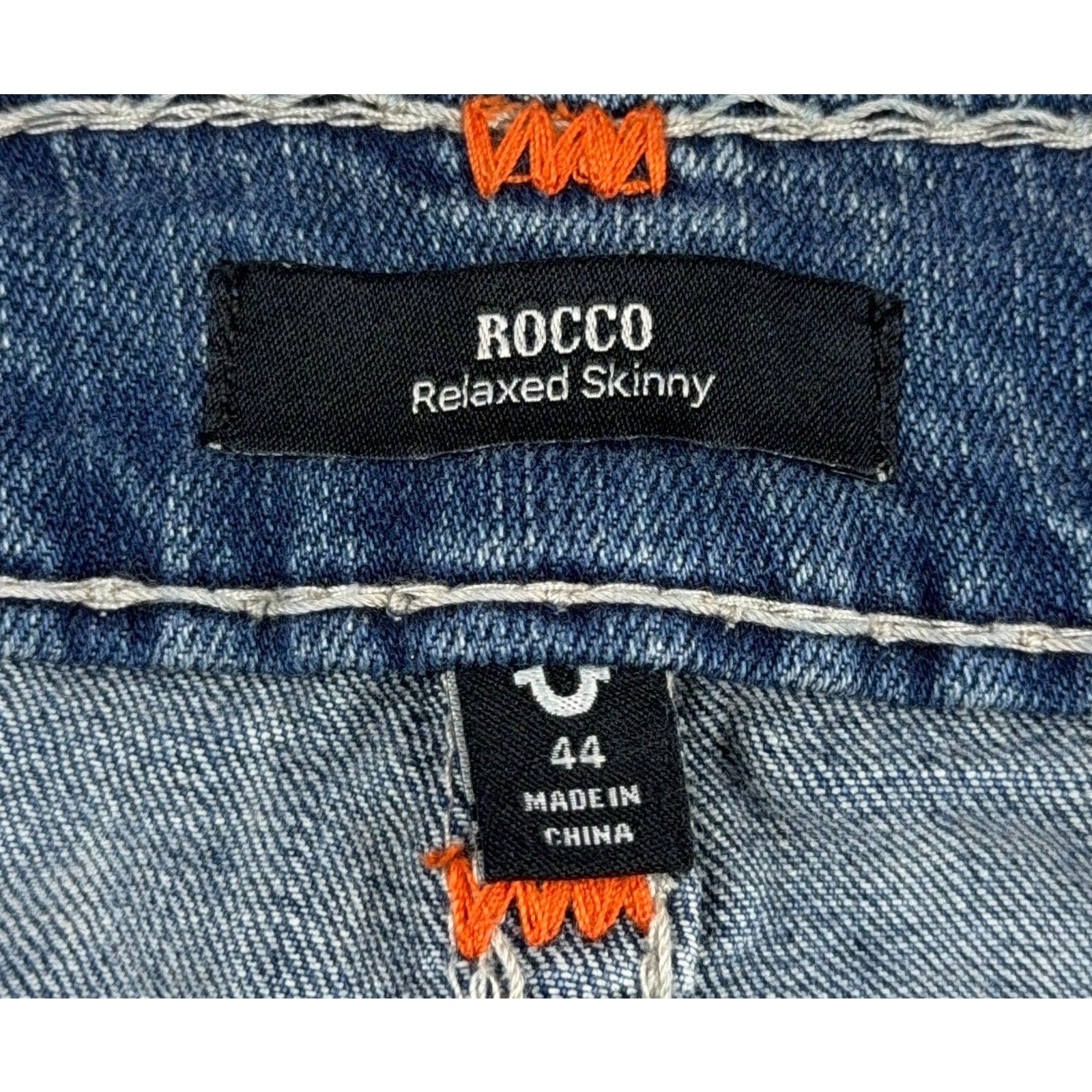 True Religion Rocco Relaxed Skinny Jeans Mens 44 Blue Orange Contrast Stitch