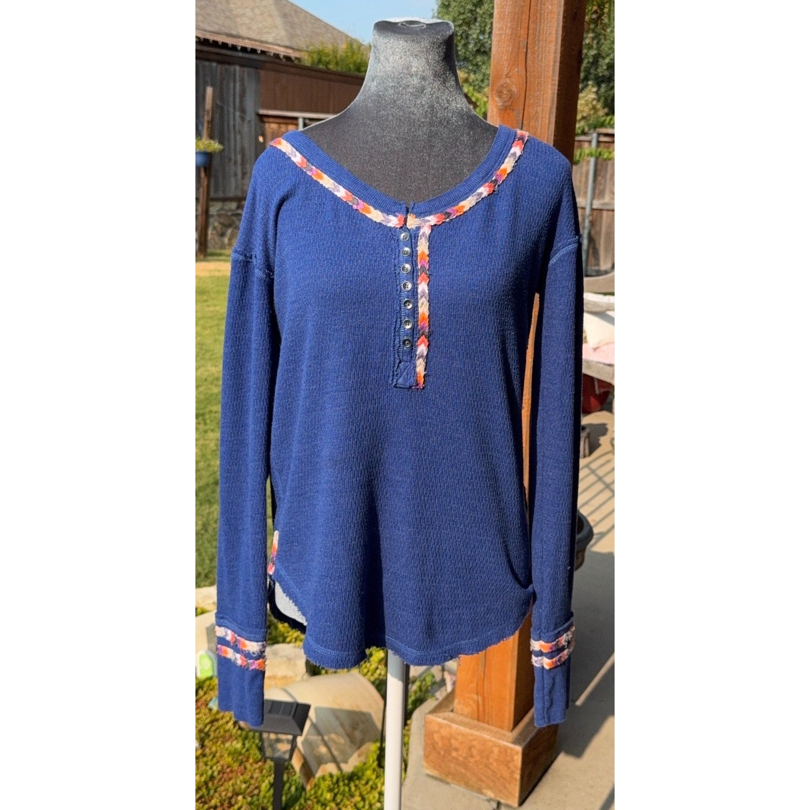 We The Free Free People Thermal Henley Top Small Blue Braided Trim Boho
