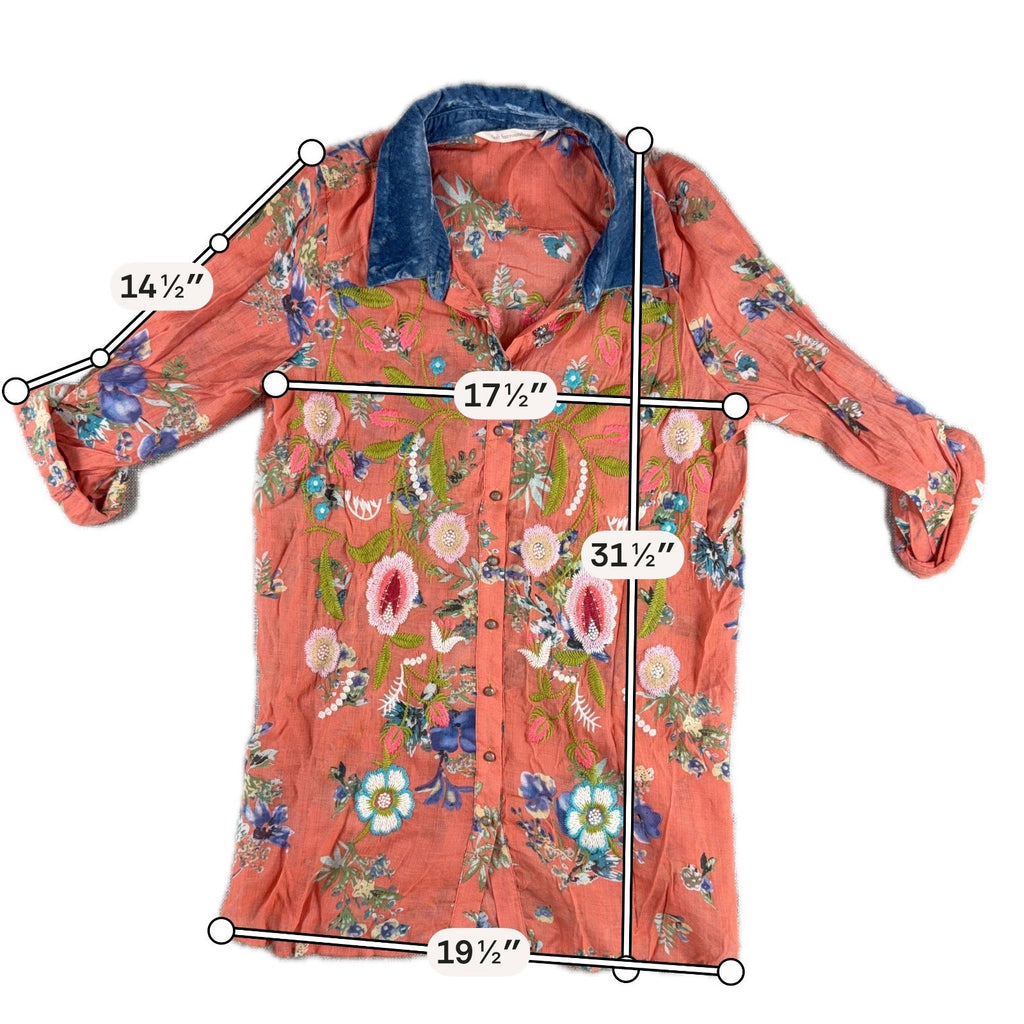 Soft Surroundings M Embroidered Floral Tunic Blouse Velvet Collar Boho Orange