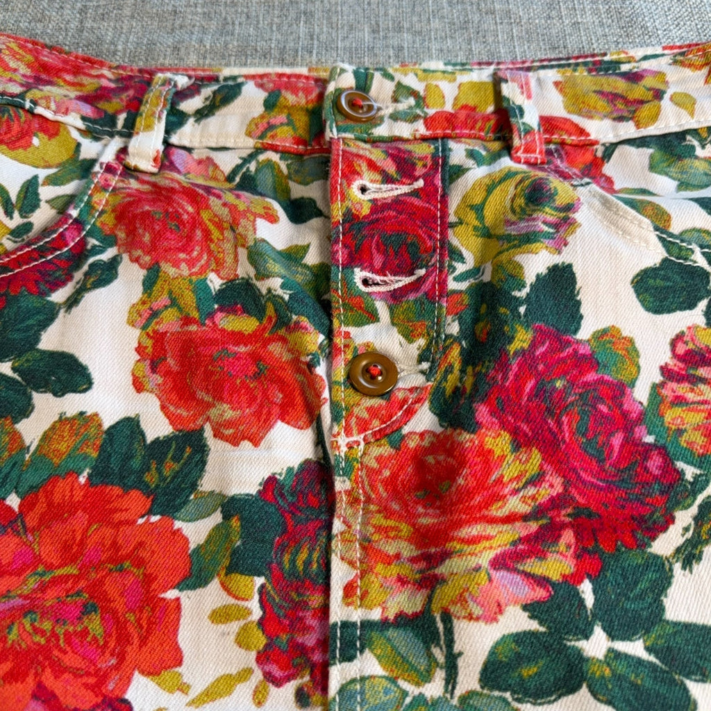 Maeve Anthropologie Floral Denim Skirt Womens 8 Button Front Stretch Cotton Boho