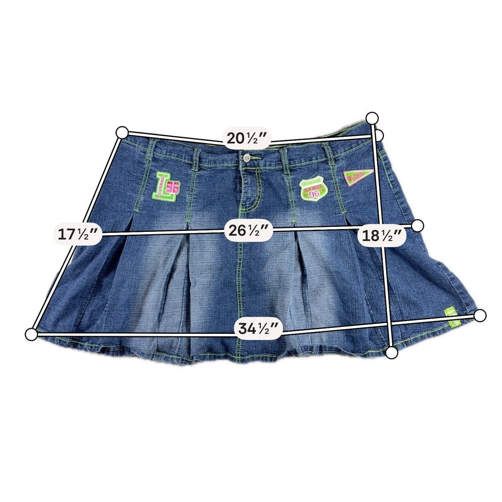 Old Skool Denim Pleated Mini Skirt Womens 20 Y2K Patch Neon Stitch Plus Size