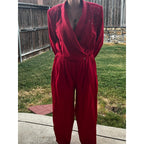 Vintage 80s Red Studded Jumpsuit Womens Power Suit Shoulder Pads Glam Retro