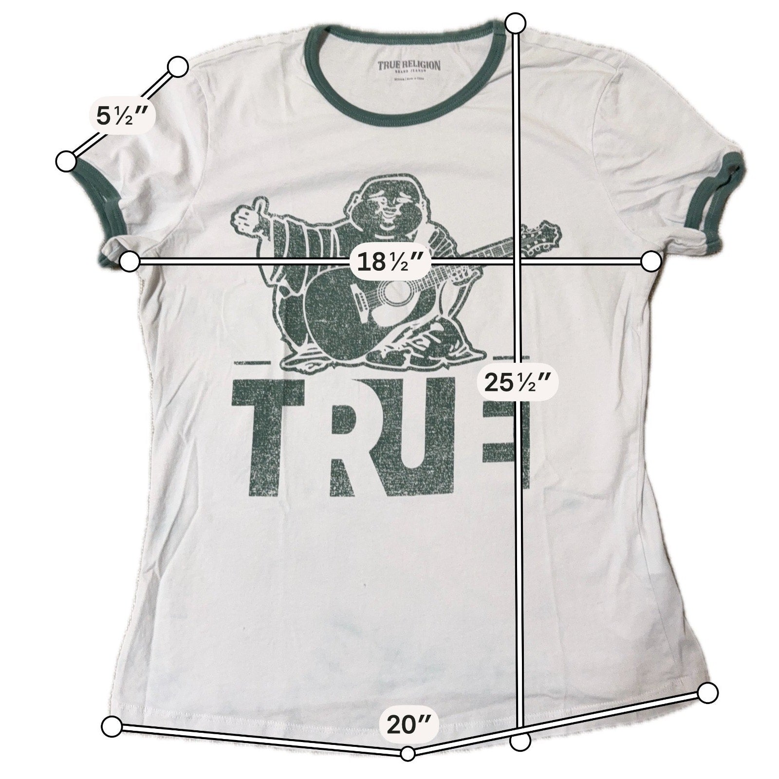 True Religion Buddha Guitar Ringer T-Shirt Women’s M White Green Y2K Flawed