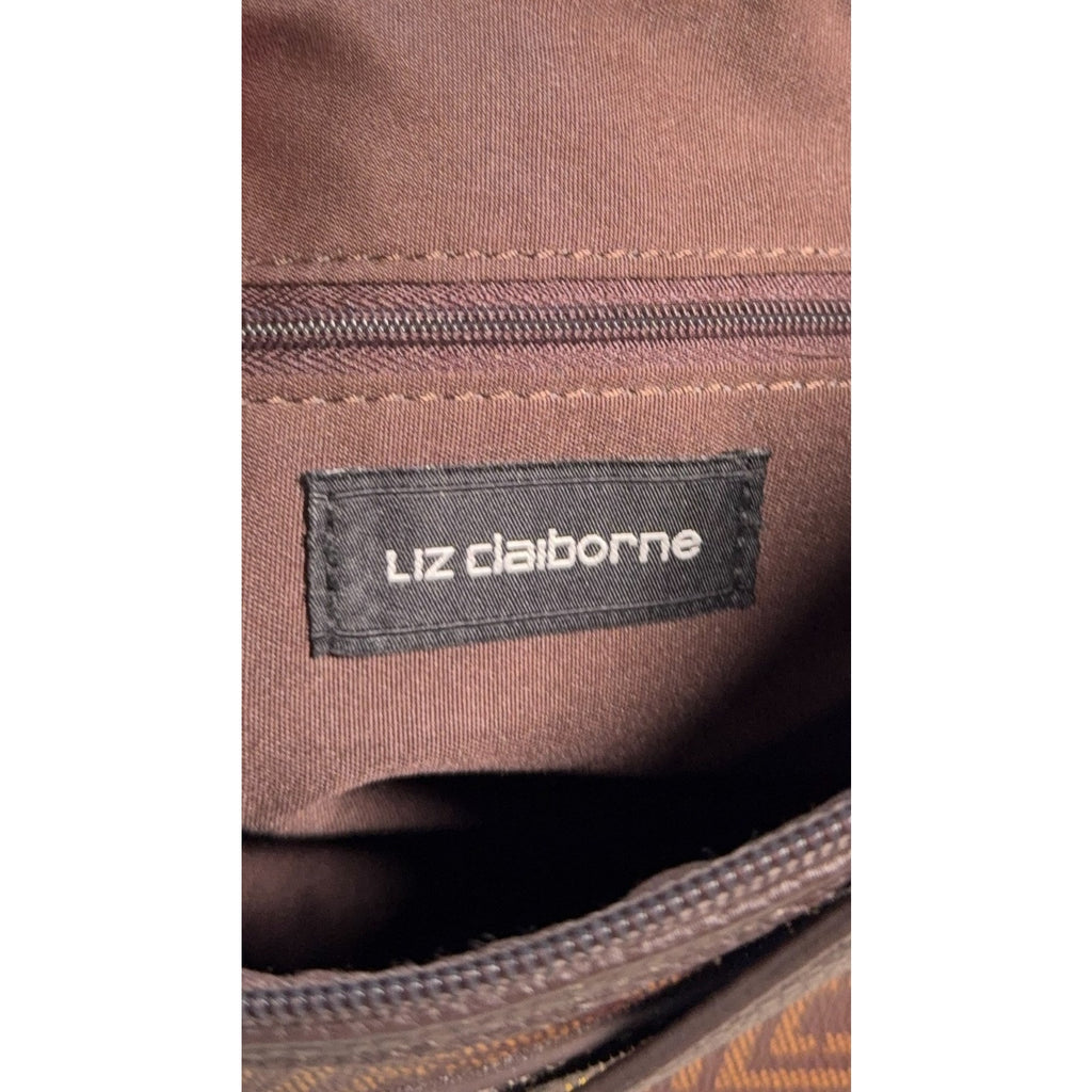 Liz Claiborne Brown Monogram Shoulder Bag Purse Faux Leather Geometric