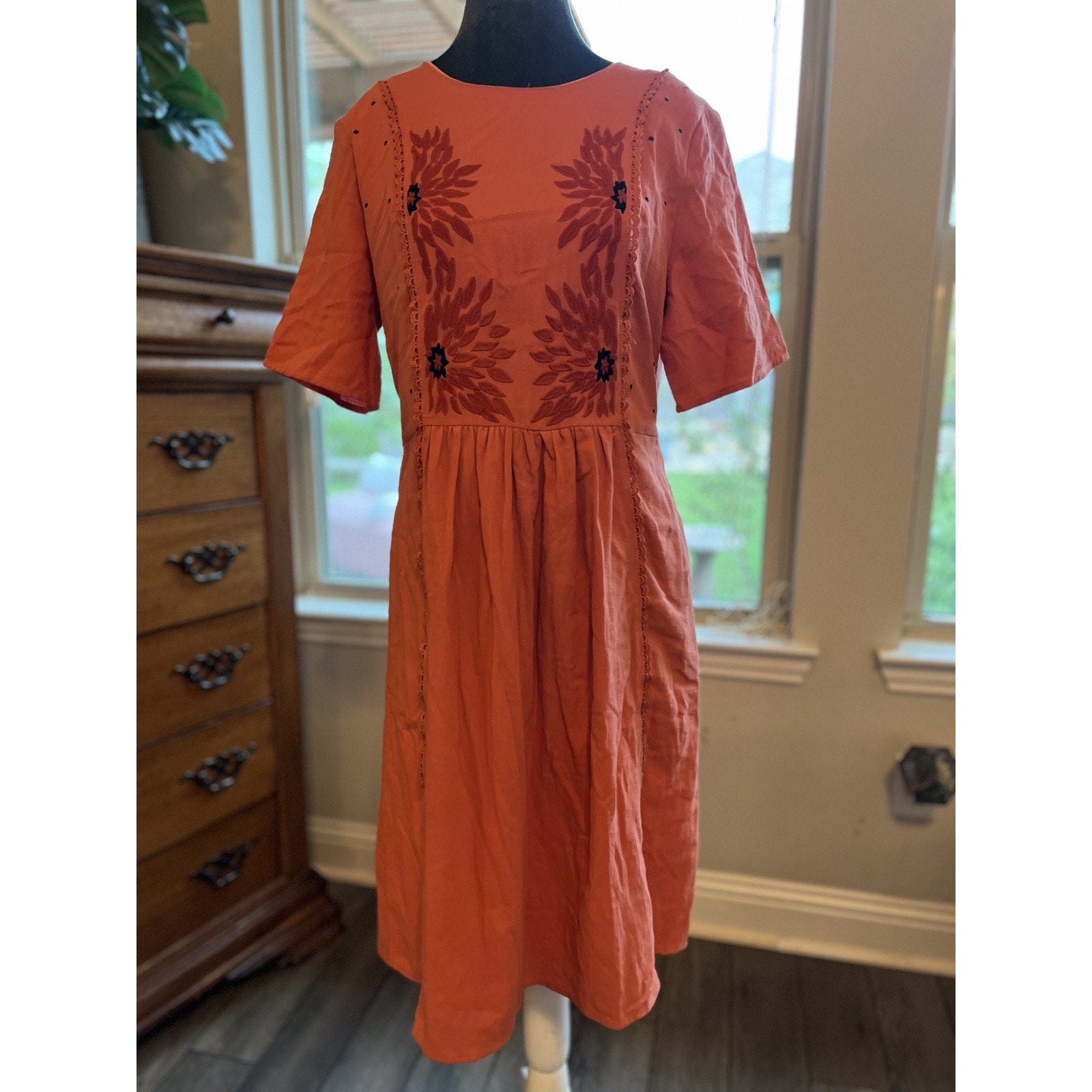 ROOLEE Womens Embroidered Boho Midi Dress Coral Prairie Cottagecore NWT Medium