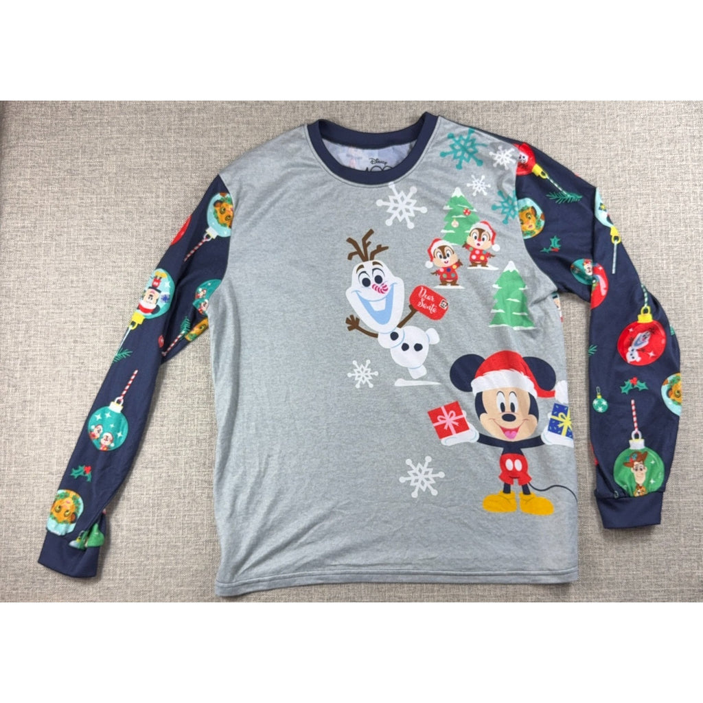 Disney 100 Christmas Pajama Top Mens L Mickey Olaf Stitch Holiday Long Sleeve