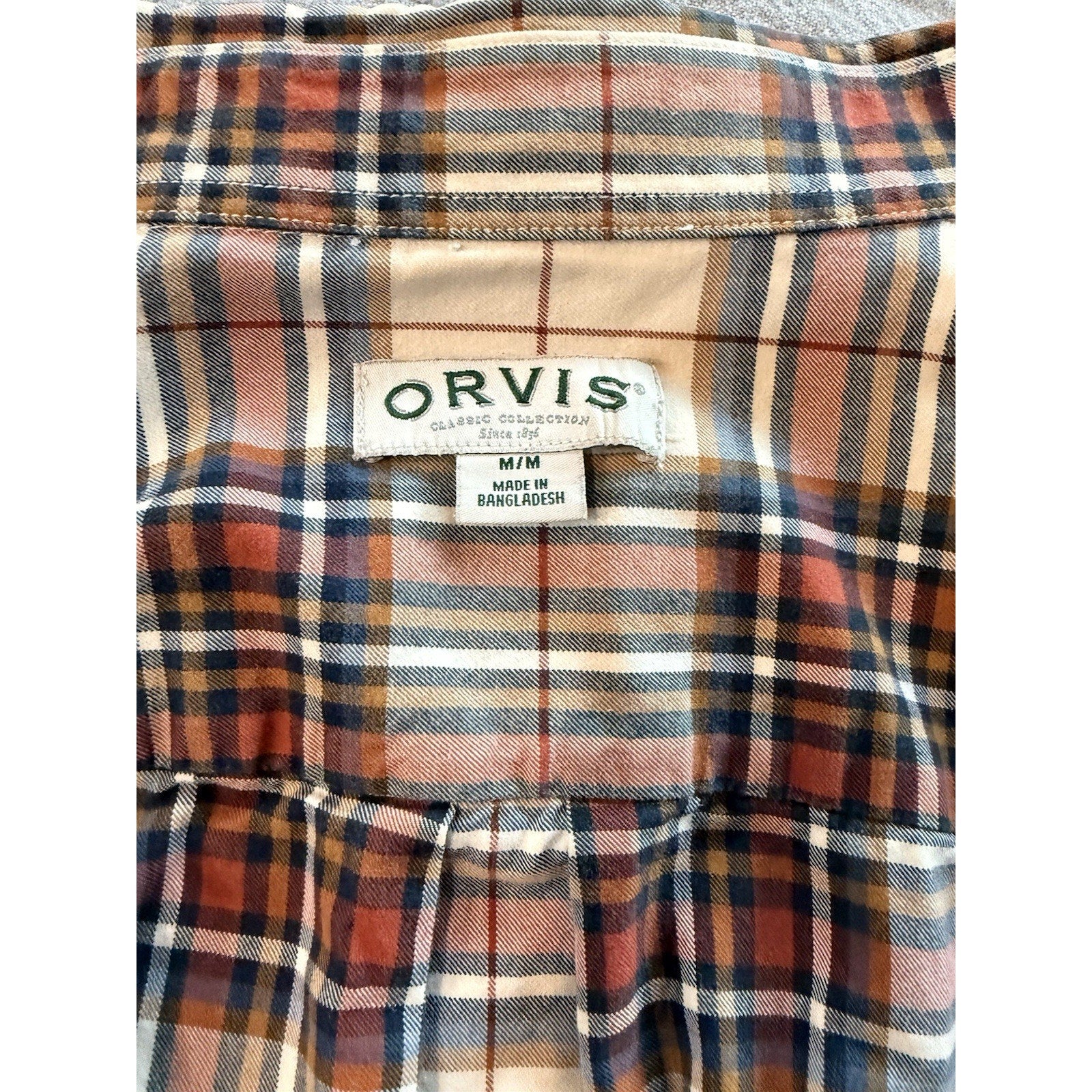 Orvis Shirt Mens M Plaid Button Down Cotton Red Tan Blue Casual Outdoor Classic