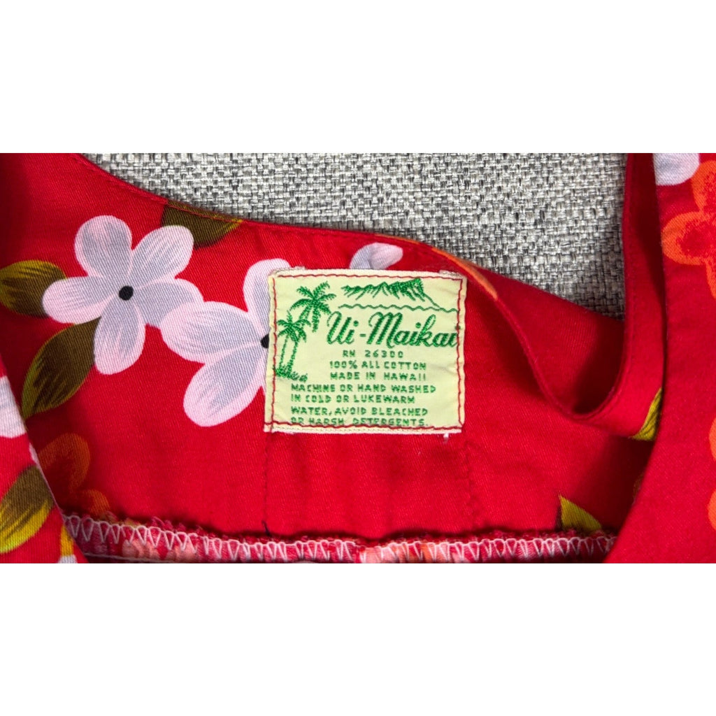 Vintage 60s Ui-Maikai Hawaiian Muumuu Dress Red Hibiscus Cotton L XL