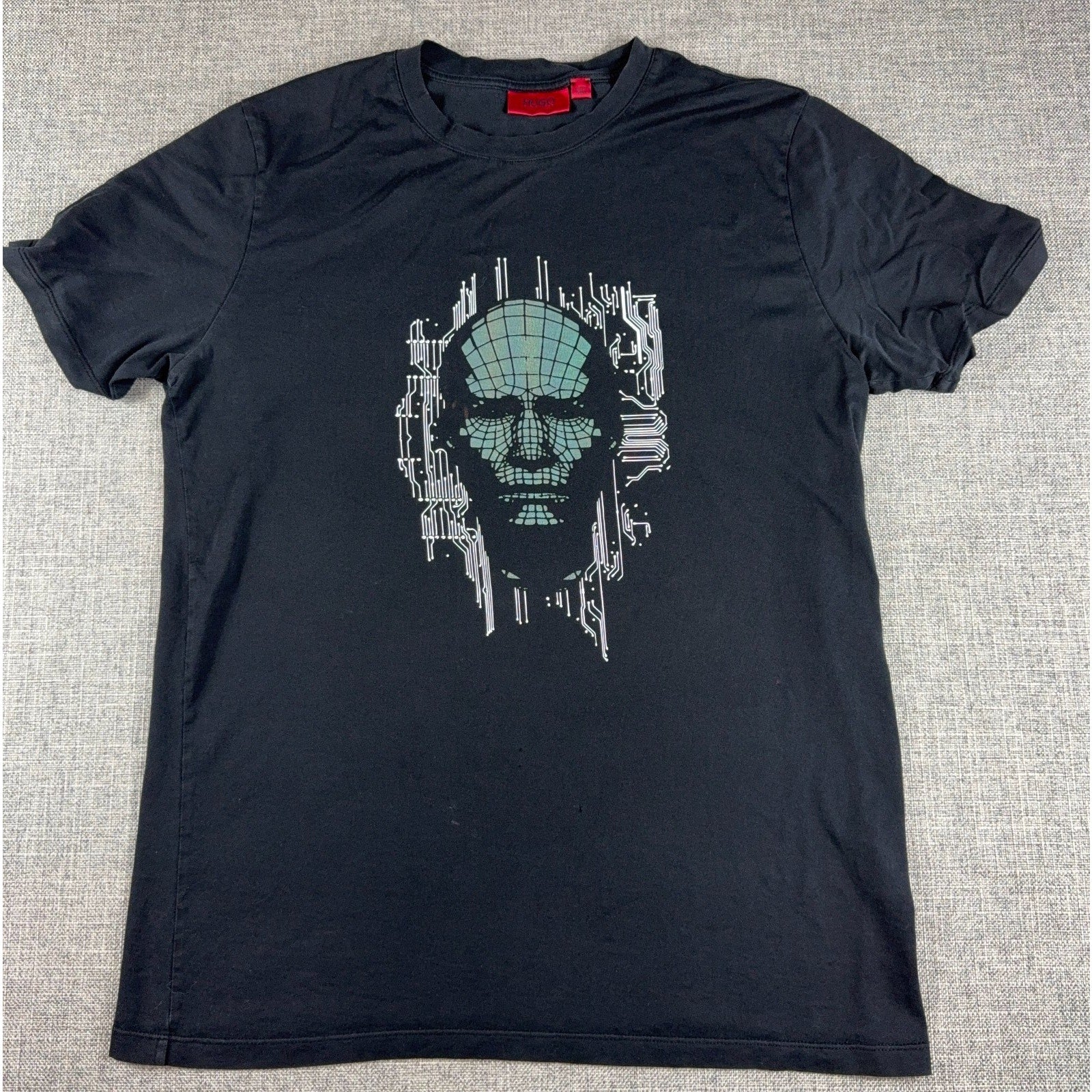 HUGO Hugo Boss Mens Black Graphic T Shirt Skull Circuit Tech Tee Red Label S