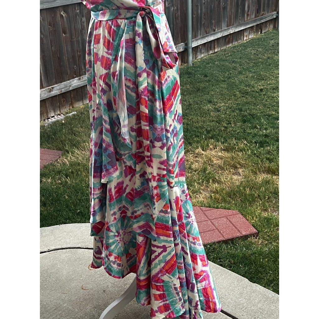 Flying Tomato Maxi Dress Womens M Abstract Watercolor Wrap High Low Ruffle Boho