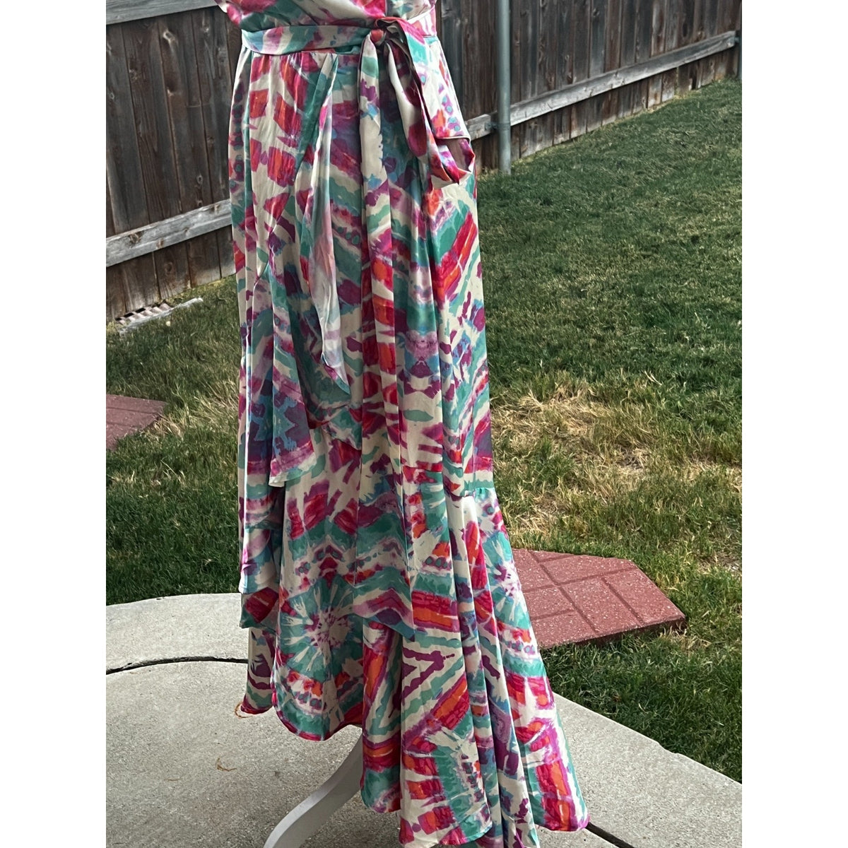 Flying Tomato Maxi Dress Womens M Abstract Watercolor Wrap High Low Ruffle Boho