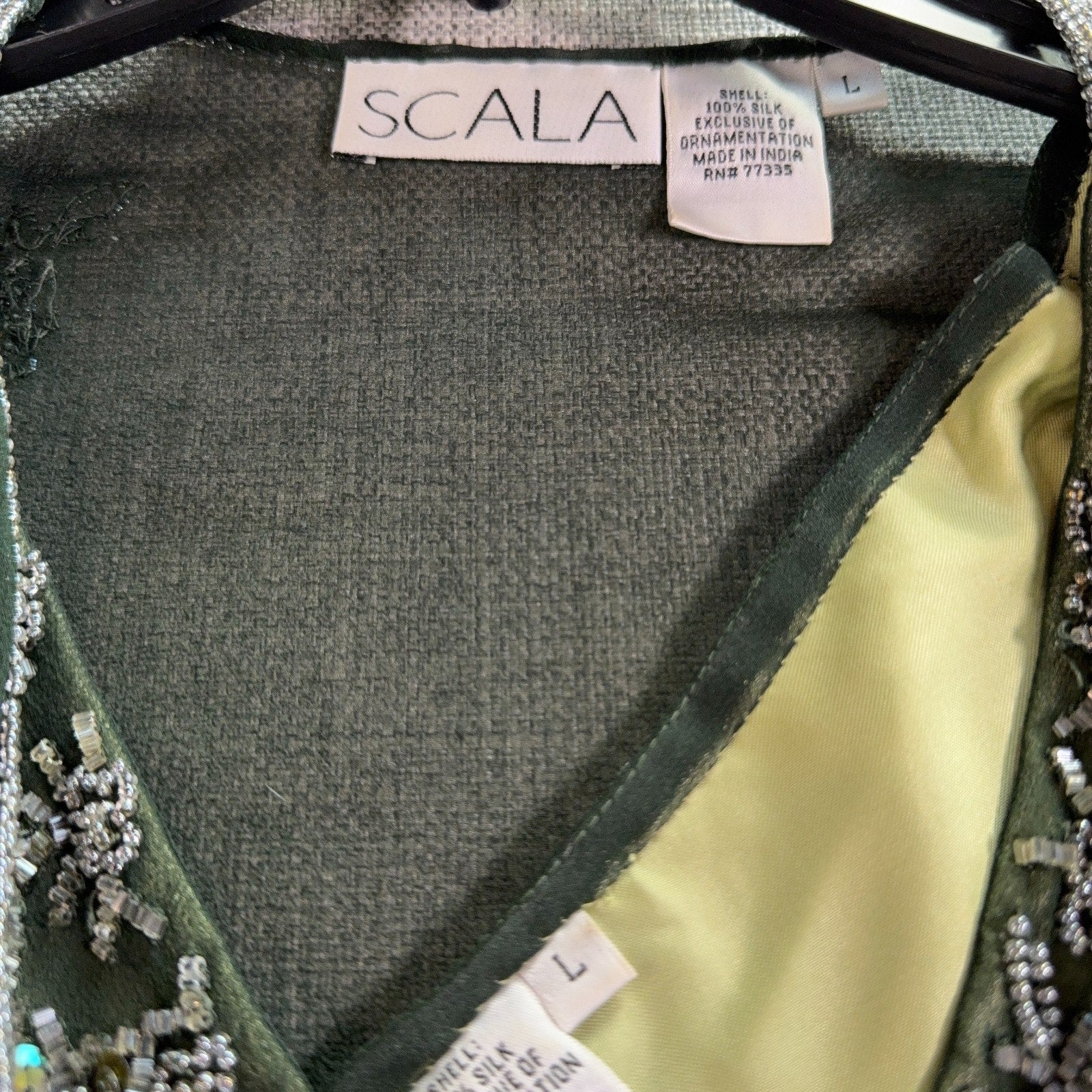Scala 100% Silk Beaded Dress Jacket Set Womens L Green Formal Evening
