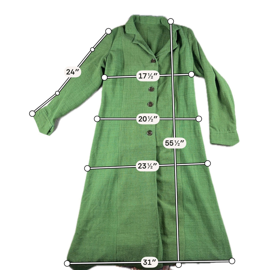 Handmade Green Maxi Coat Dress Womens Long Button Front Pleated Artisan Vintage