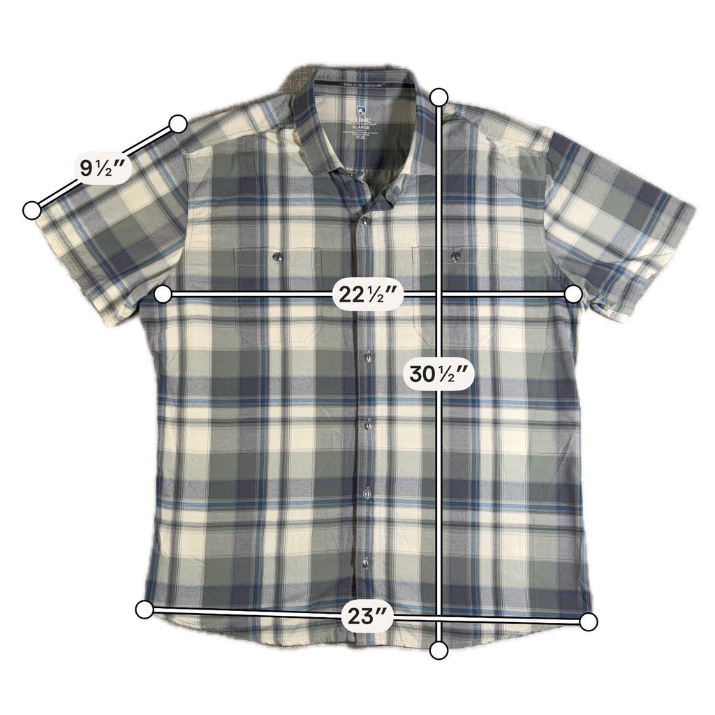 Kuhl Men’s XL Plaid Button Up Shirt Tapered Fit Short Sleeve Outdoor Hiking Gree