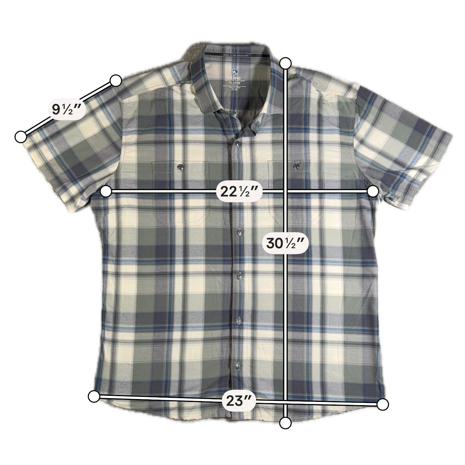 Kuhl Men’s XL Plaid Button Up Shirt Tapered Fit Short Sleeve Outdoor Hiking Gree