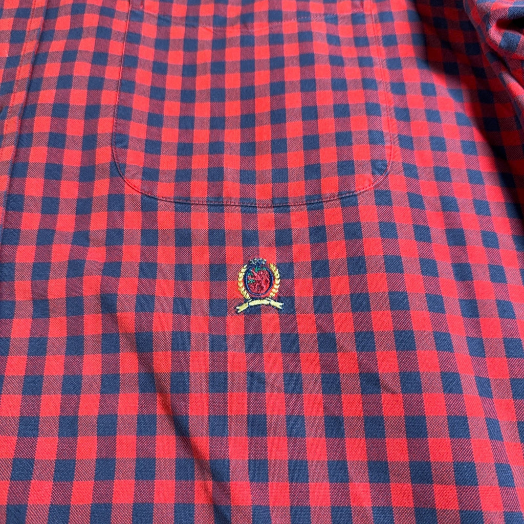 Tommy Hilfiger Shirt Mens L Red Navy Gingham Check Button Down Crest Logo
