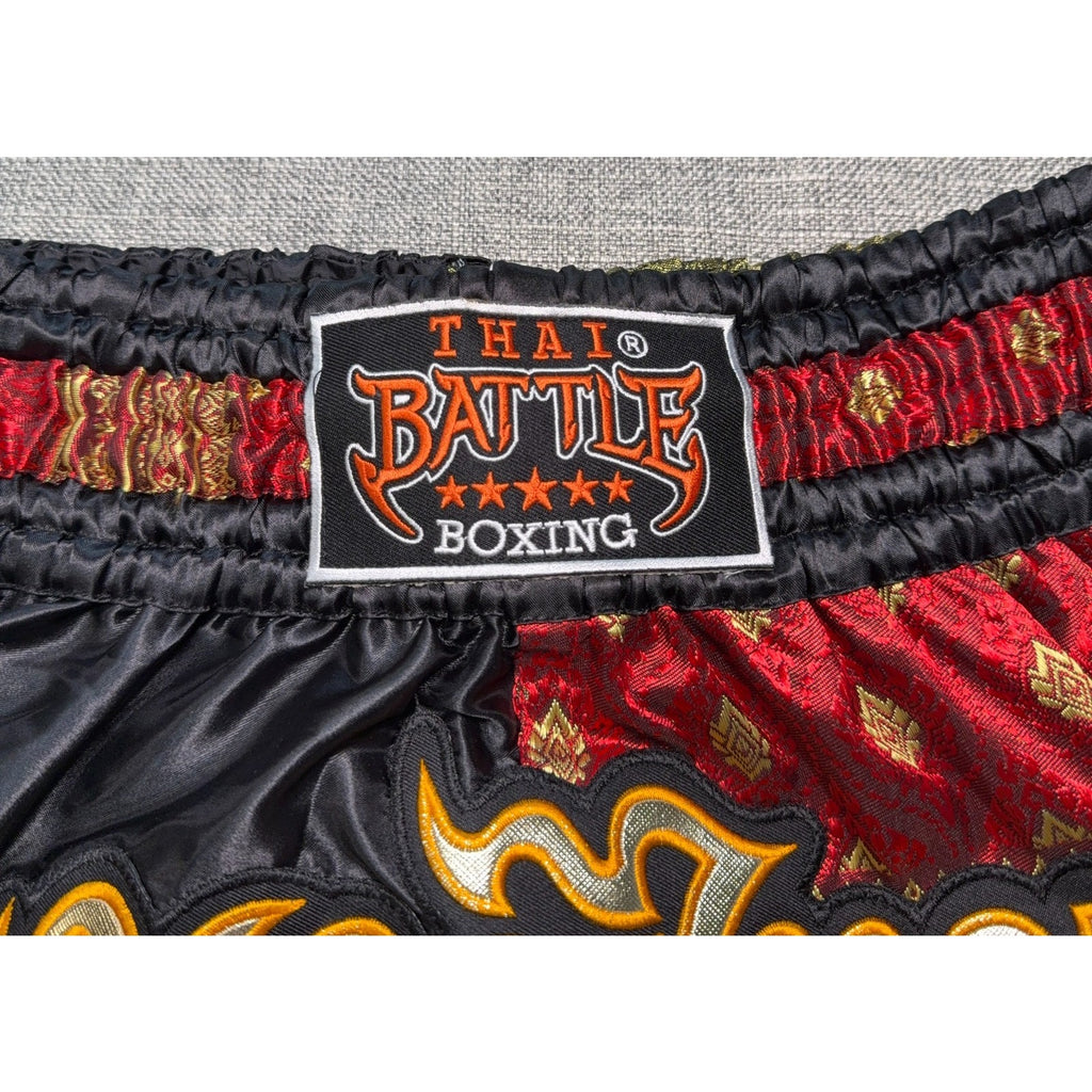 Thai Battle Boxing Muay Thai Shorts L Red Black Gold Embroidered Thailand