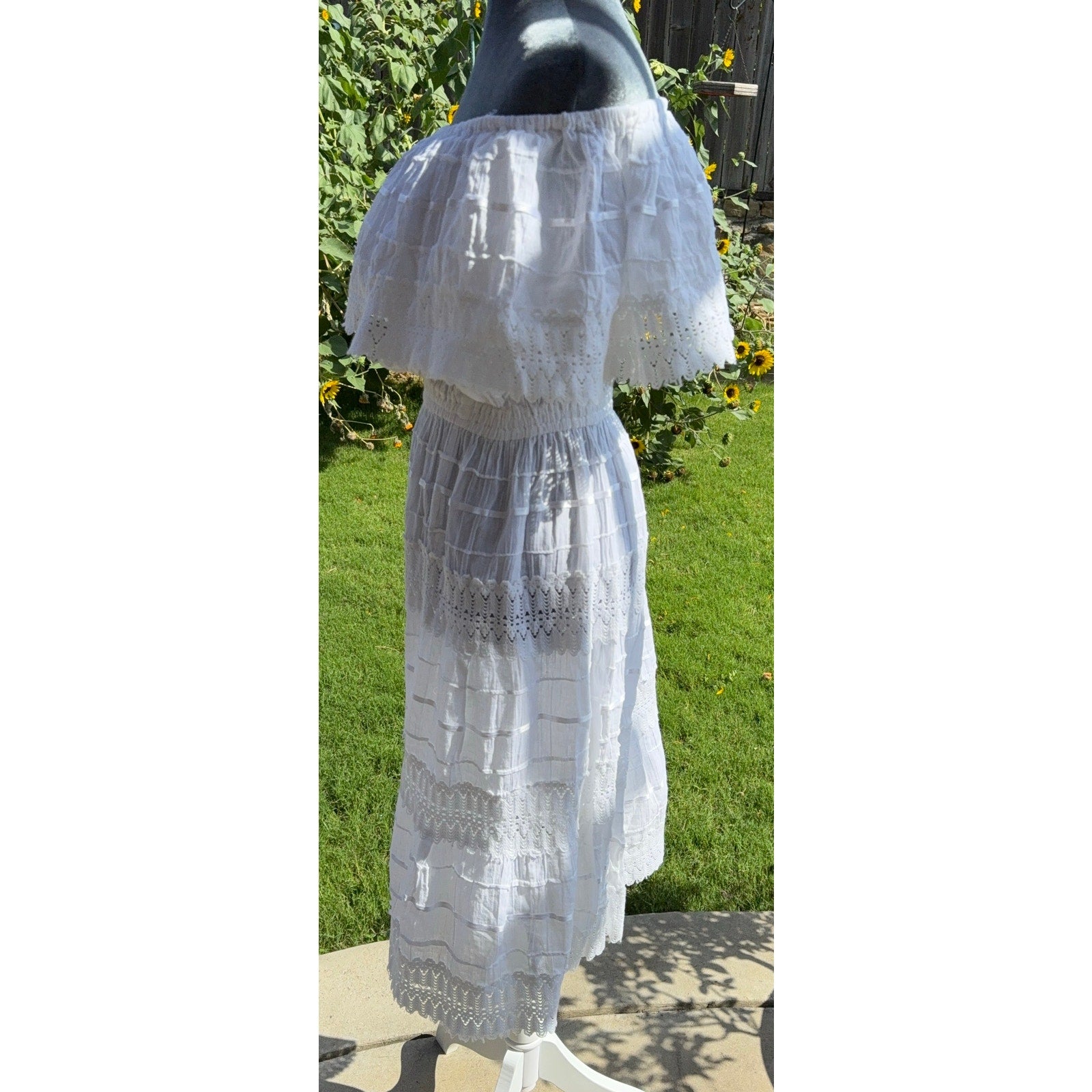 White Off Shoulder Lace Tiered Cottagecore Dress