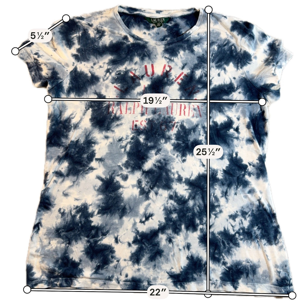 Lauren Ralph Lauren EST 67 Tie Dye T Shirt Women L Blue White Logo Flawed