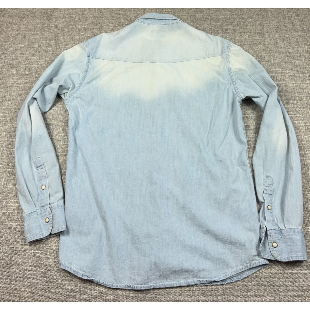 Pull&Bear Mens M Light Wash Denim Western Pearl Snap Shirt Flawed Cotton