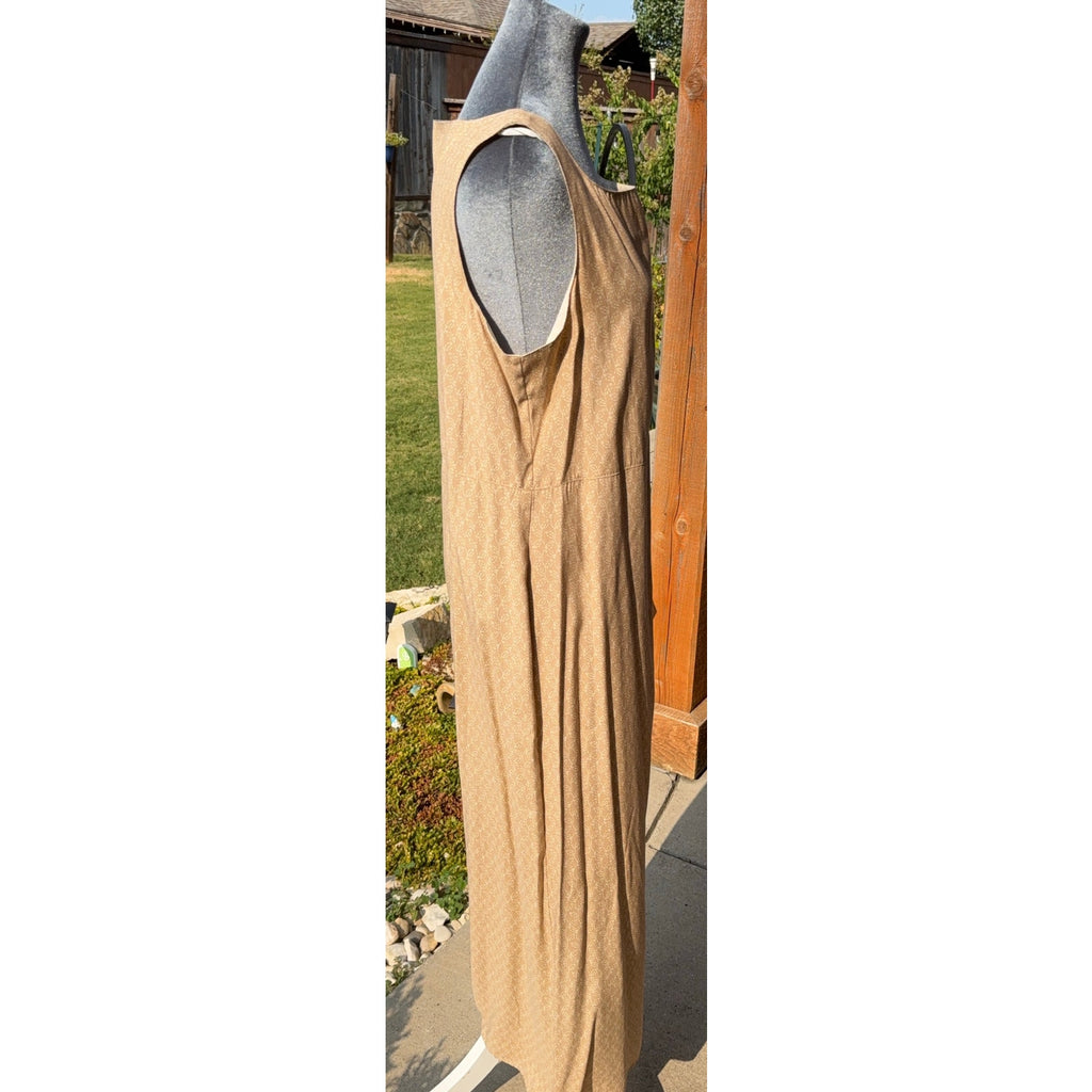 Vintage Norton McNaughton Maxi Dress M 100% Rayon Tan Leaf Print 90s Sleeveless