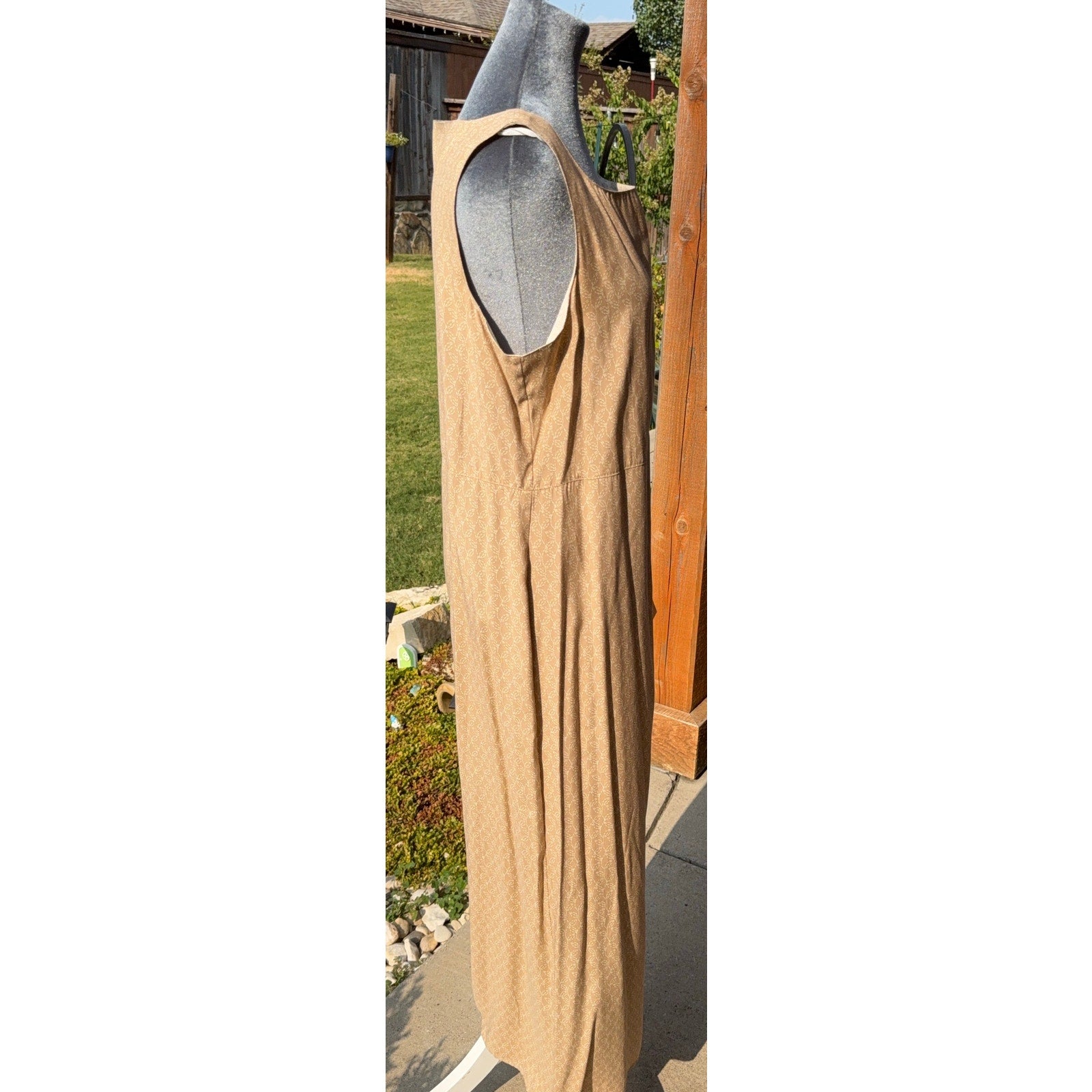 Vintage Norton McNaughton Maxi Dress M 100% Rayon Tan Leaf Print 90s Sleeveless