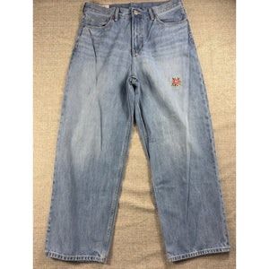 H&M Baggy Jeans Mens 34x32 Light Wash Custom Rose Embroidery Skater Y2K