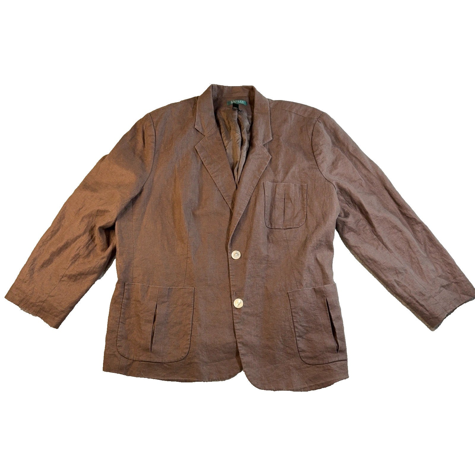 Lauren Ralph Lauren Womens 20W Brown Linen Blazer Oversized Patch Pocket