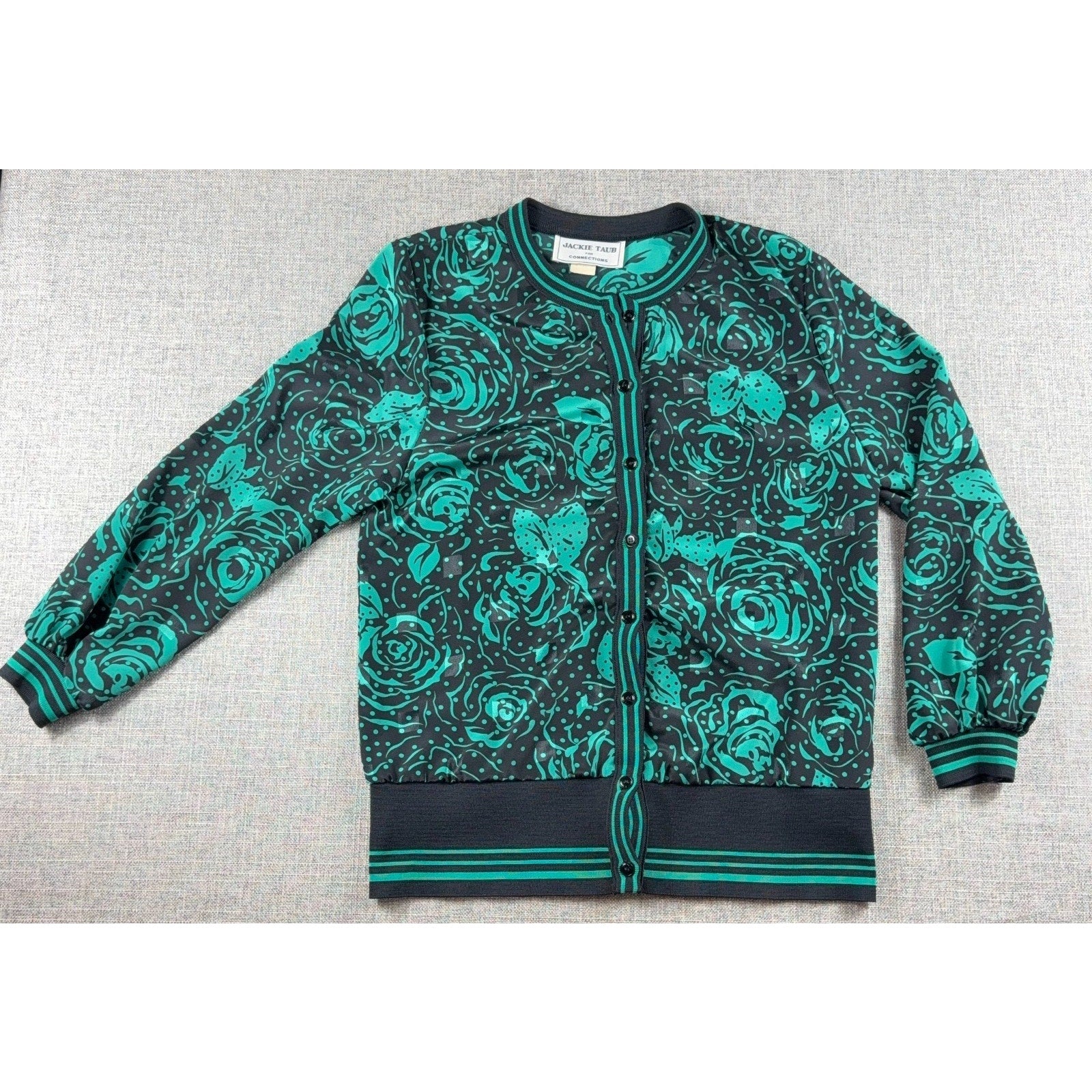 Vintage Jackie Taub Connections Floral Jacket Womens Black Teal Roses Union Made