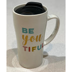 Clay Art Be You Tiful Ceramic Travel Mug With Lid Inspirational Coffee Cup