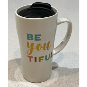 Clay Art Be You Tiful Ceramic Travel Mug With Lid Inspirational Coffee Cup